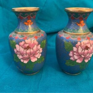 Elegant Floral Cloisonné Vases - Blue and Pink